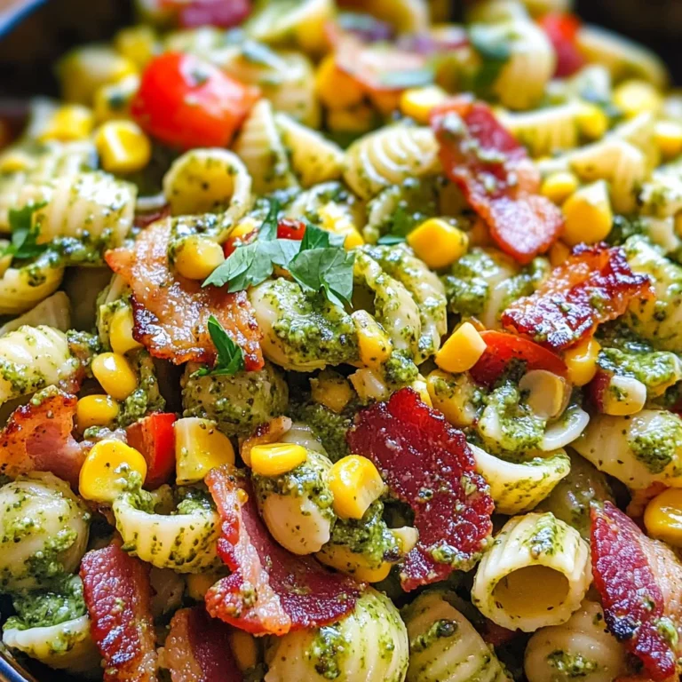 Corn Pasta Salad with Turkey Bacon and Creamy Pesto Dressing