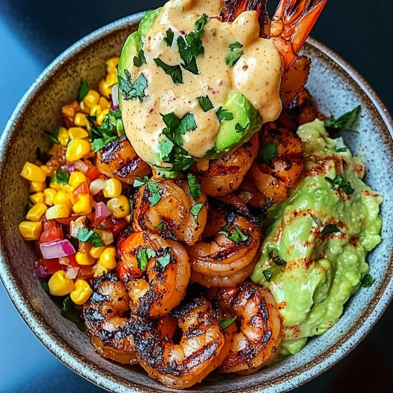 Grilled Shrimp Bowl with Avocado, Corn Salsa & Creamy Sauce