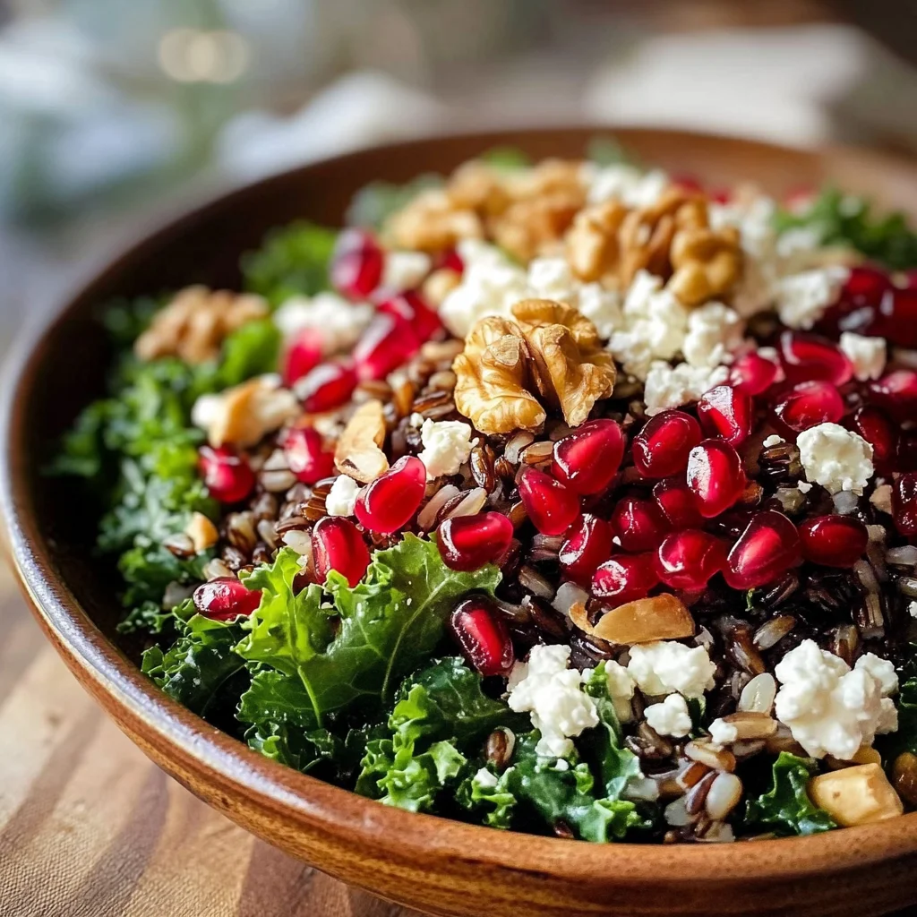 Pomegranate, Kale, and Wild Rice Salad with Walnuts and Feta