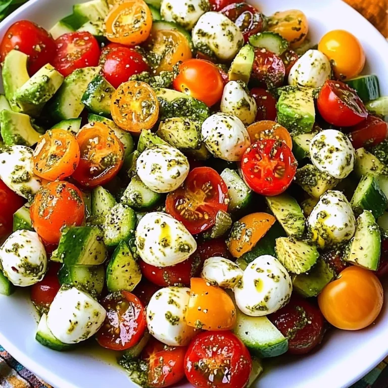 Tomato Cucumber Avocado Salad with Mozzarella and Basil Pesto