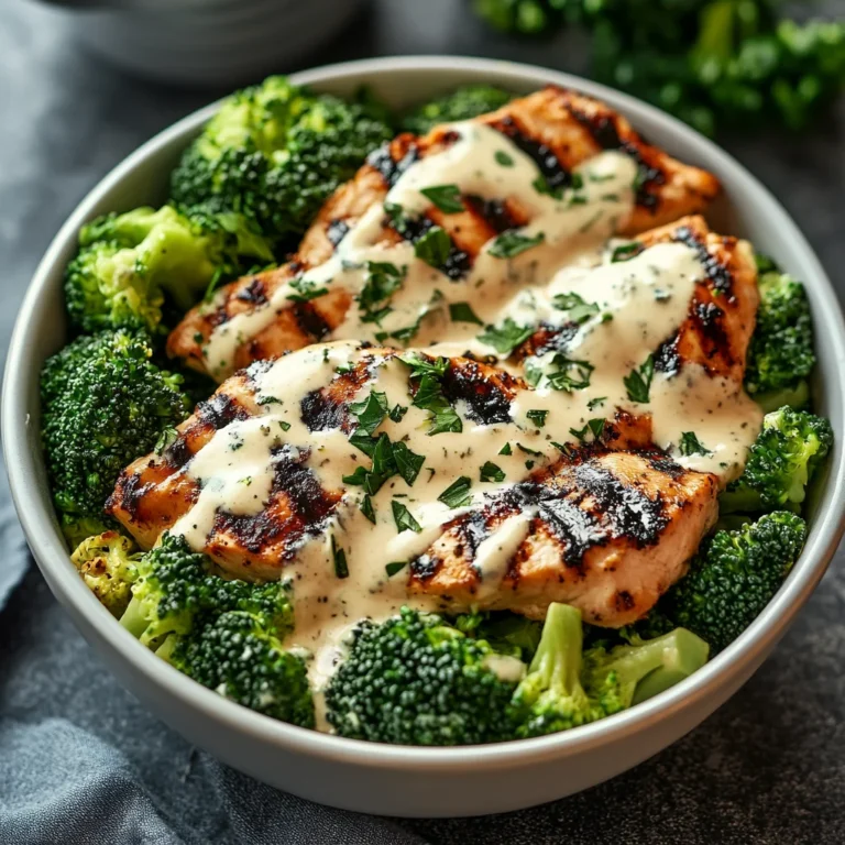 Grilled Chicken & Broccoli Bowls with Creamy Garlic Sauce