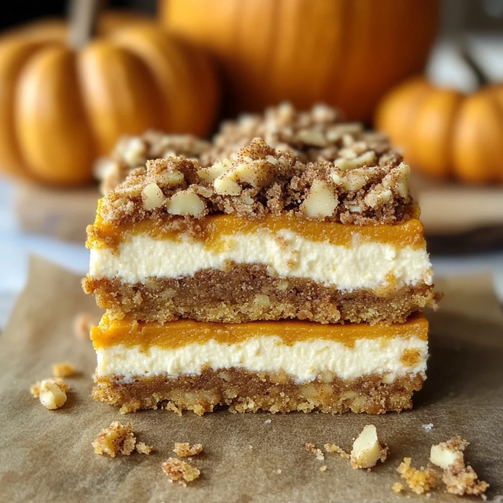 Pumpkin Cheesecake Bars with Walnut Crust and Streusel Topping